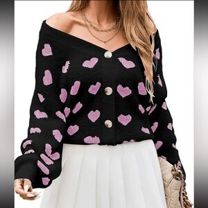 Luxe Heart Print Button Up Knit Cardigan Sweater Black